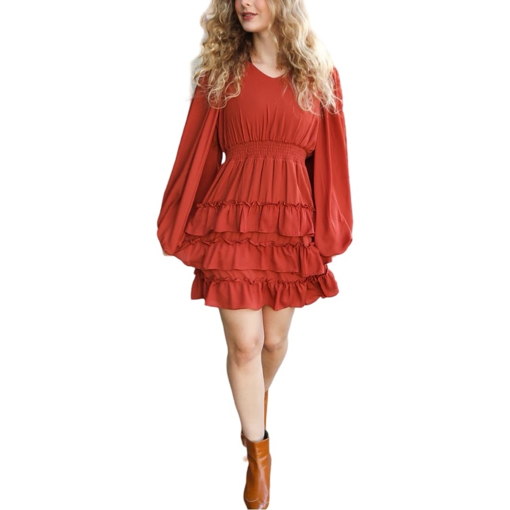 HAPTICS RUST SMOCKED WAIST TIERED RUFFLE LINED DRESS